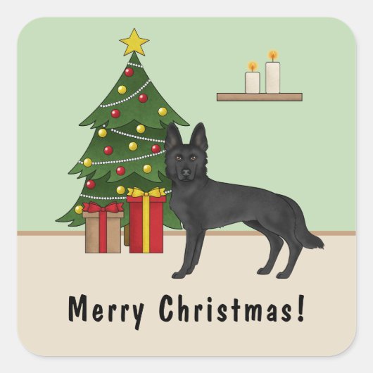 Zwarte Duitse Herdershond Kerstboom Aangepaste Tek Vierkante Sticker (Voorkant)