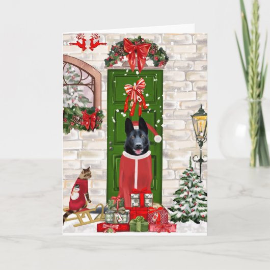 Zwarte Duitse Herdershond Kerstmis Kaart (Voorkant)