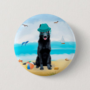 Zwarte Duitse Herdershond op het Strand Ronde Button 5,7 Cm