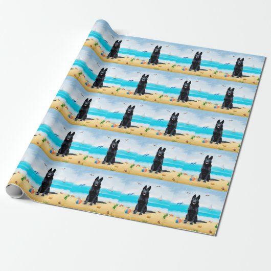 Zwarte Duitse Herdershond op Strand Cadeaupapier (Uitgerold)