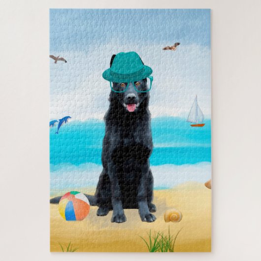 Zwarte Duitse Herdershond op Strand Legpuzzel (Verticaal)