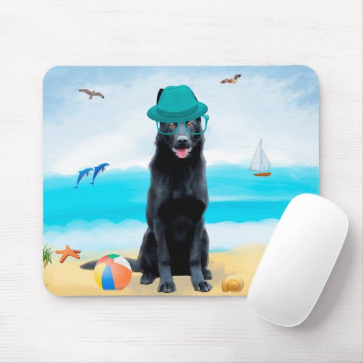 Zwarte Duitse Herdershond op Strand Muismat (Met muis)