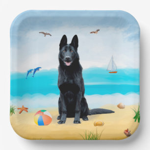Zwarte Duitse Herdershond op Strand Papieren Bordje