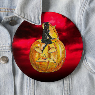 zwarte duivel op Jack o' Lantern Red Clouds Ronde Button 6,0 Cm