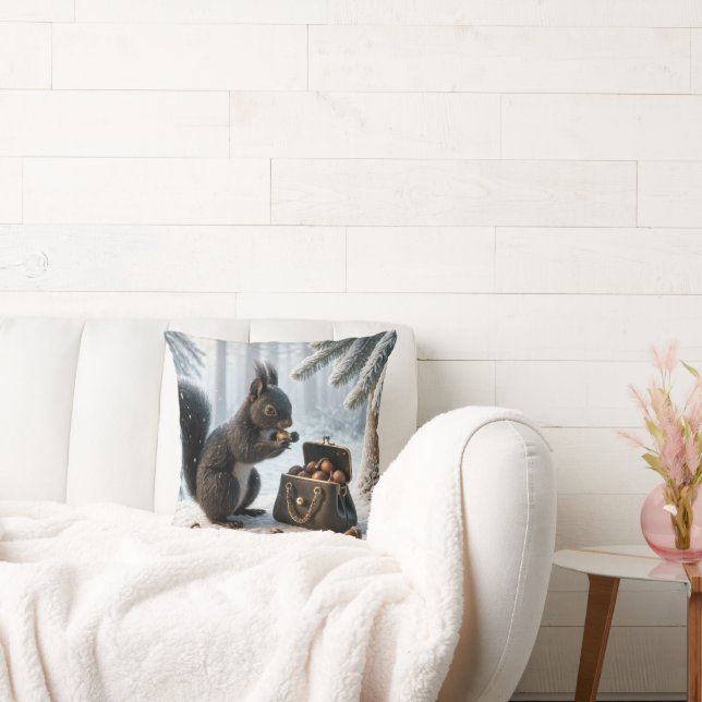Zwarte eekhoorn hamsteren eikels in portemonnee kussen (Bank)