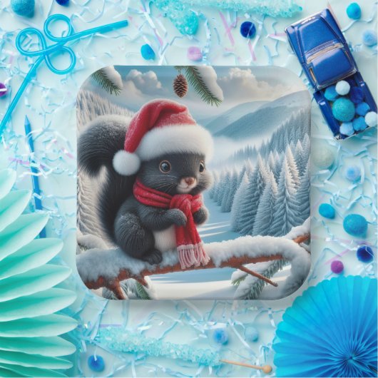 Zwarte eekhoorn met kerstmuts papieren bordje (Feest)