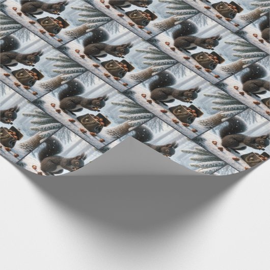 Zwarte eekhoorn saving eikels in portemonnee cadeaupapier (Hoek)