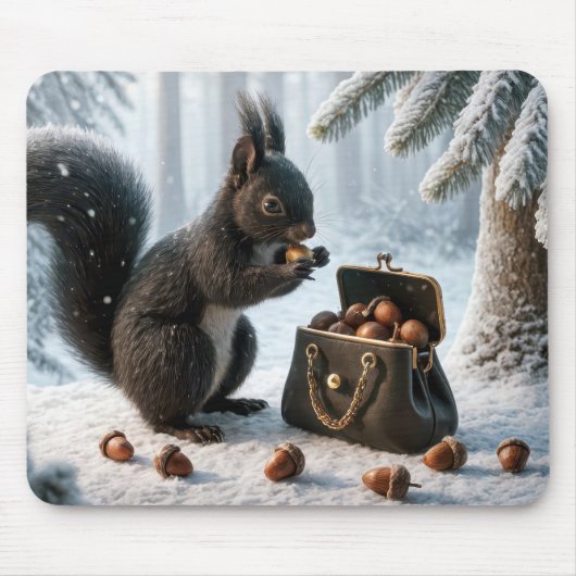 Zwarte eekhoorn saving eikels in portemonnee muismat (Voorkant)
