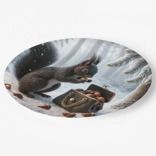 Zwarte eekhoorn saving eikels in portemonnee papieren bordje (Gekanteld)