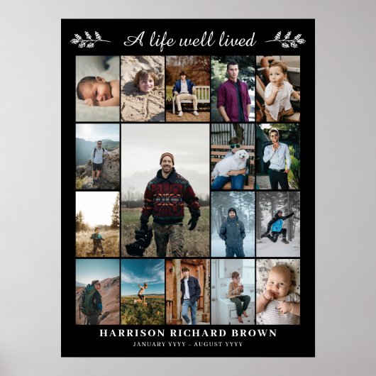 Zwarte 'Een goed leven geleefd' 17 foto-collage-he Poster (Voorkant)