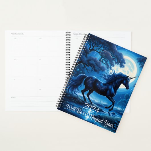 Zwarte Eenhoorn Blauwe Hemel Volle Maan Magisch Planner (Display)