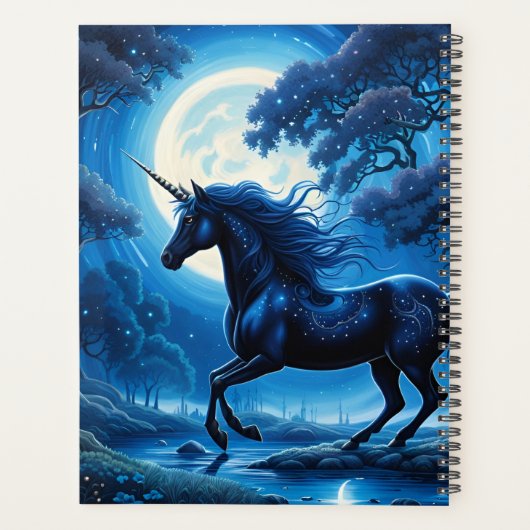 Zwarte Eenhoorn Blauwe Hemel Volle Maan Magisch Planner (Achterkant)