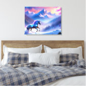Zwarte eenhoorn in een dromerig winterlandschap canvas afdruk (Insitu (Slaapkamer))