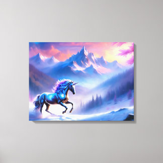 Zwarte eenhoorn in een dromerig winterlandschap canvas afdruk