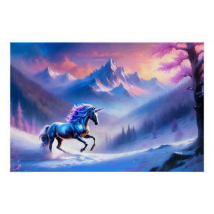 Zwarte eenhoorn in een dromerig winterlandschap perfect poster