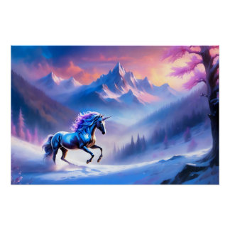 Zwarte eenhoorn in een dromerig winterlandschap perfect poster