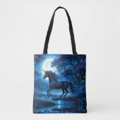 Zwarte eenhoorn in het bos in blauw maanlicht tote bag (Voorkant)
