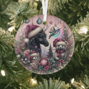 Zwarte eenhoorn Kerstversiering Een van een soort Glas Ornament