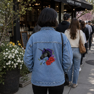 Zwarte Eenhoorn Paarse Middennacht Tuin Bloemen Denim Jacket
