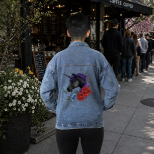 Zwarte Eenhoorn Paarse Middennacht Tuin Bloemen Denim Jacket