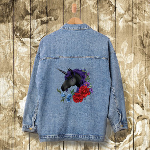 Zwarte Eenhoorn Paarse Middennacht Tuin Bloemen Denim Jacket