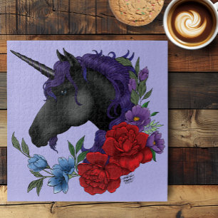 Zwarte Eenhoorn Paarse Middennacht Tuin Bloemen Legpuzzel
