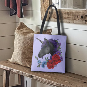 Zwarte Eenhoorn Paarse Middennacht Tuin Bloemen Tote Bag