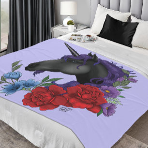 Zwarte Eenhoorn Paarse Middernacht Tuin Bloemen Fleece Deken