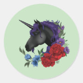 Zwarte eenhoorn Paarse rode bloemen Ronde Sticker (Voorkant)