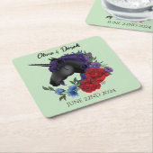 Zwarte eenhoorn Paarse rode salie bloemen Kartonnen Onderzetters (Schuin)