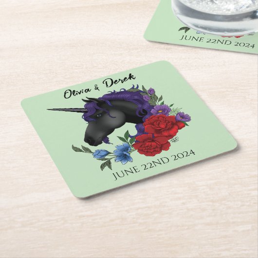 Zwarte eenhoorn Paarse rode salie bloemen Kartonnen Onderzetters (Schuin)