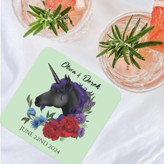 Zwarte eenhoorn Paarse rode salie bloemen Kartonnen Onderzetters