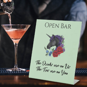 Zwarte Eenhoorn Paarse Rode Salie Bloemen Open Bar Reclamebord Met Voetstuk