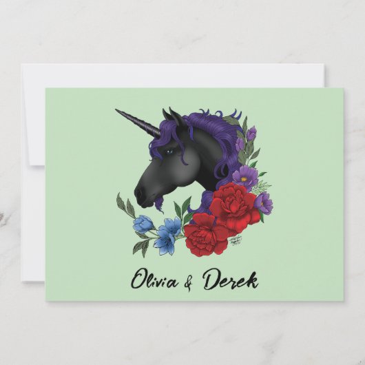 Zwarte eenhoorn Paarse rode salie bloemen Save The Date (Achterkant)
