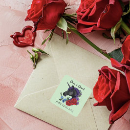 Zwarte eenhoorn Paarse rode salie bloemen Vierkante Sticker