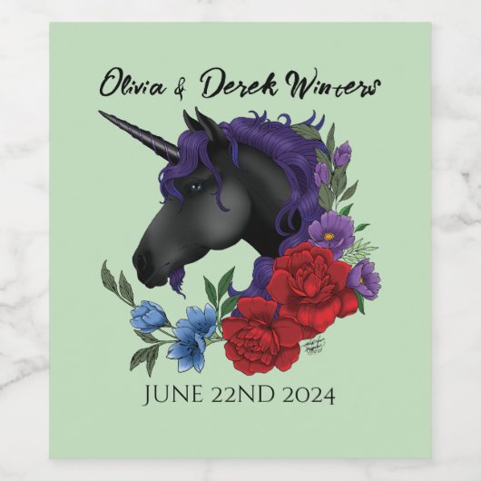 Zwarte eenhoorn Paarse, rode salie bloemen Wijn Etiket (Enkel label)