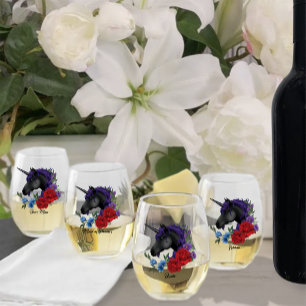Zwarte eenhoorn Paarse rode salie bloemen Wijnglas Zonder Voet