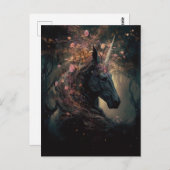 Zwarte eenhoorn roze bloemen briefkaart (Voorkant / Achterkant)