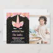 Zwarte Eenhoorn Verjaardag Uitnodigingen met foto (Voorkant)