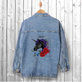 Zwarte eenhoorns Paarse rode salie bloemen Denim Jacket