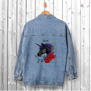 Zwarte eenhoorns Paarse rode salie bloemen Denim Jacket