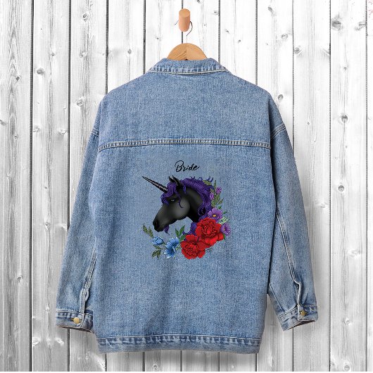 Zwarte eenhoorns Paarse rode salie bloemen Denim Jacket