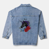 Zwarte eenhoorns Paarse rode salie bloemen Denim Jacket (Achterkant)