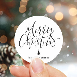 Zwarte Eenvoudige Calligrafie Prettig Kerstfeest Ronde Sticker
