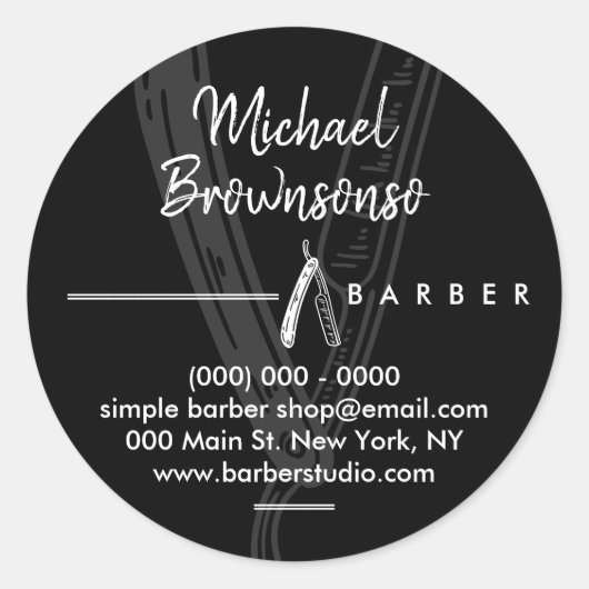 Zwarte Eenvoudige Donkere Logo Razor Barber Ronde Sticker (Voorkant)