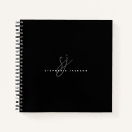 Zwarte Eenvoudige Minimalistische Script Initiaal  Notitieboek