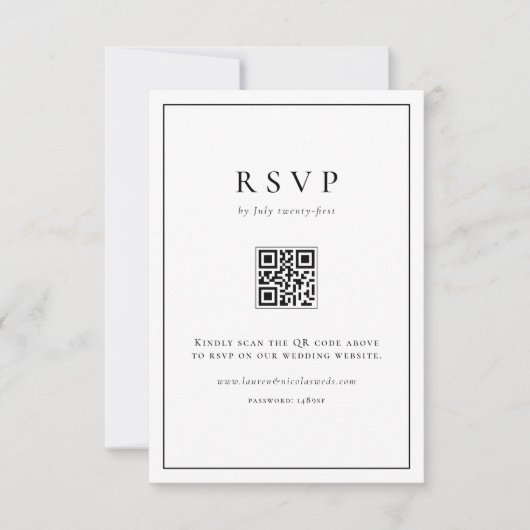 Zwarte Eenvoudige Typografie QR Code Formele Huwel RSVP Kaartje (Voorkant)