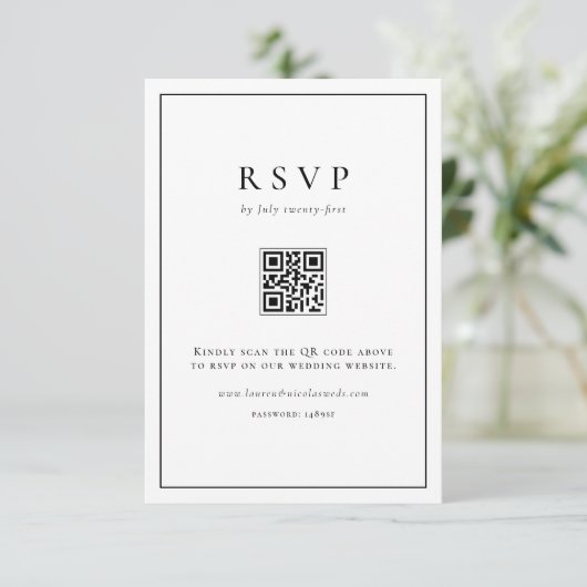 Zwarte Eenvoudige Typografie QR Code Formele Huwel RSVP Kaartje (Staand voorkant)