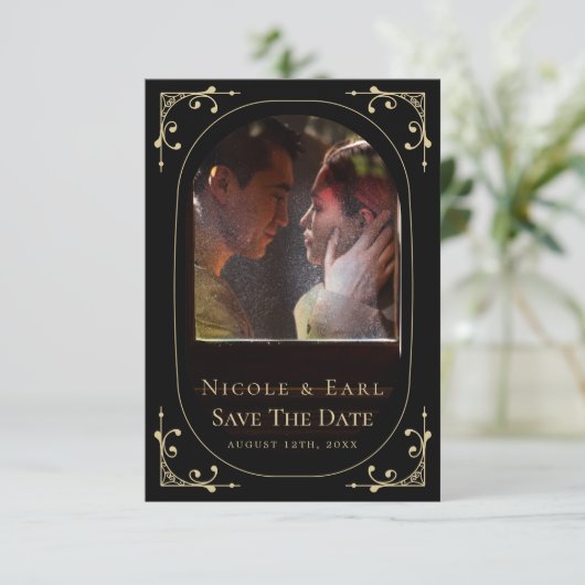 Zwarte Elegant deco Qr Code Foto opslaan Datum Save The Date (Staand voorkant)