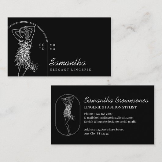 Zwarte Elegant Girly Feminine Minimal Lingerie Visitekaartje (Voorkant / Achterkant)